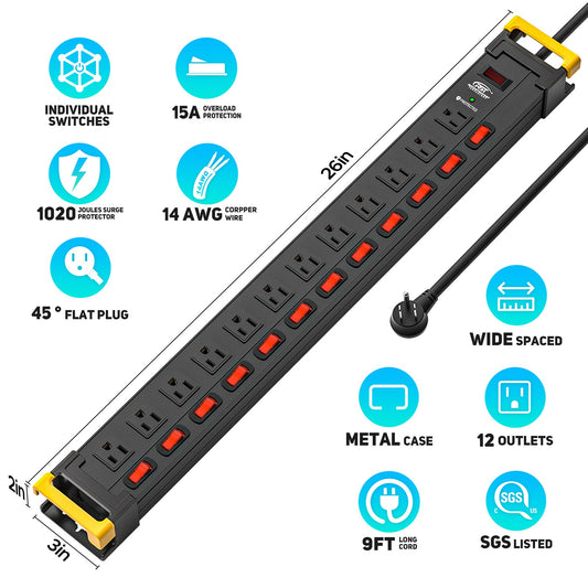 RocketSocket power strip CRST 12-Outlets 9 ft. Heavy Duty Surge Protector Power Strip 15A