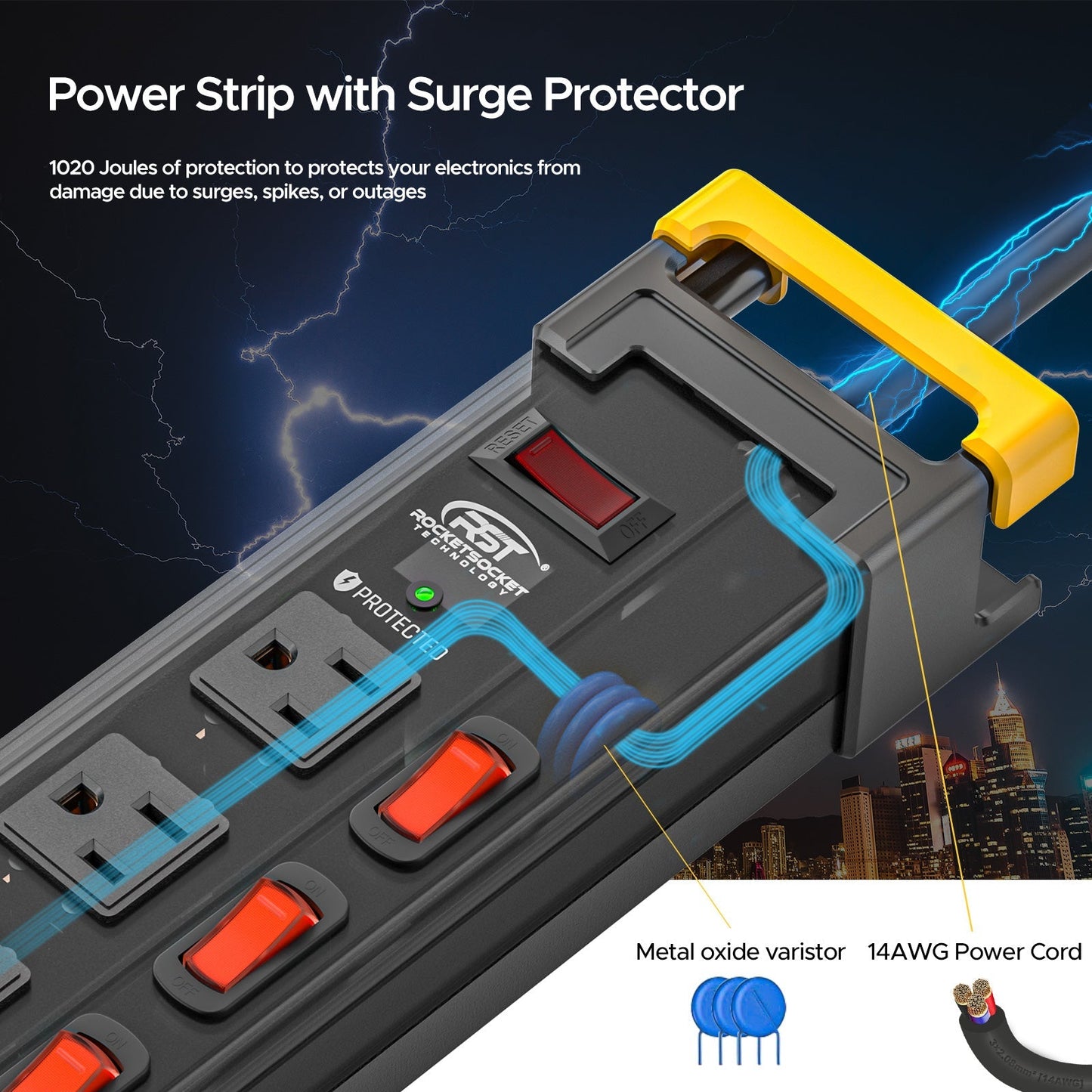 RocketSocket power strip CRST 12-Outlets 9 ft. Heavy Duty Surge Protector Power Strip 15A