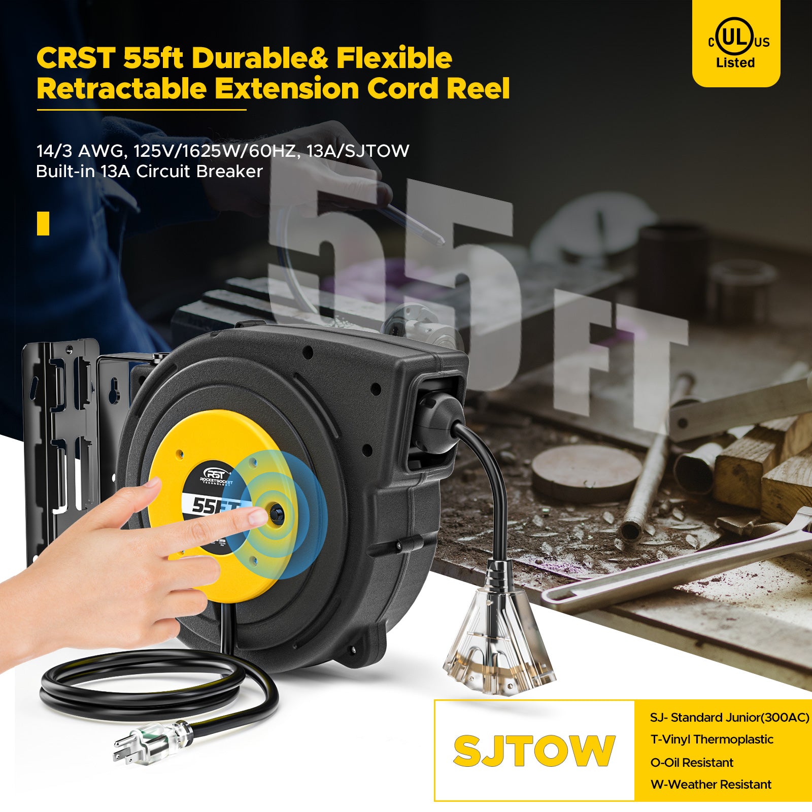 CRST 55FT Retractable Extension Power Cord Reel with Mounting Kits, Li –  Rocket Socket Technology