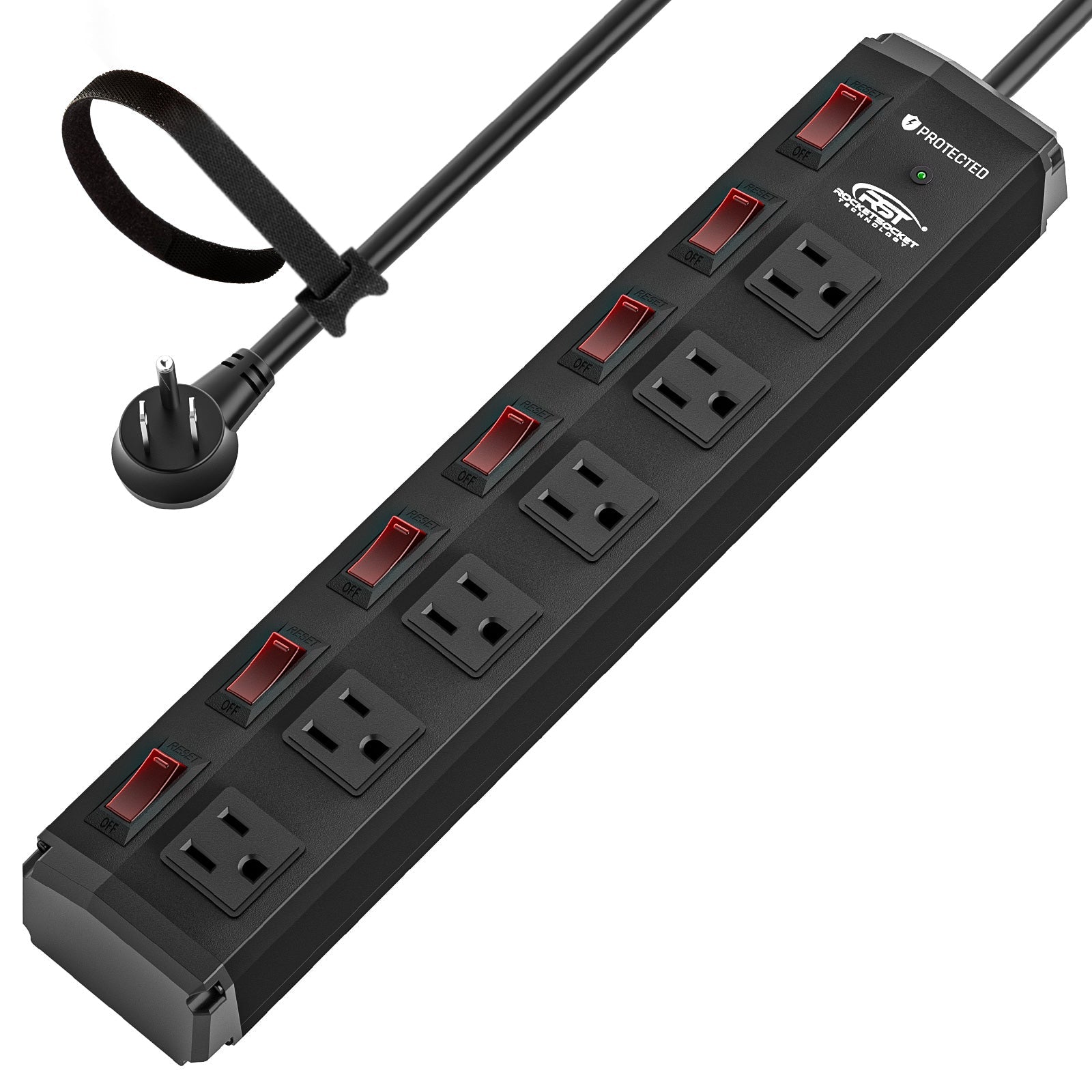 CRST 6 Outlets Surge Protector Metal Heavy Duty Power Strip with Individual Switches, Flat Plug 6ft Extension Cord, Black