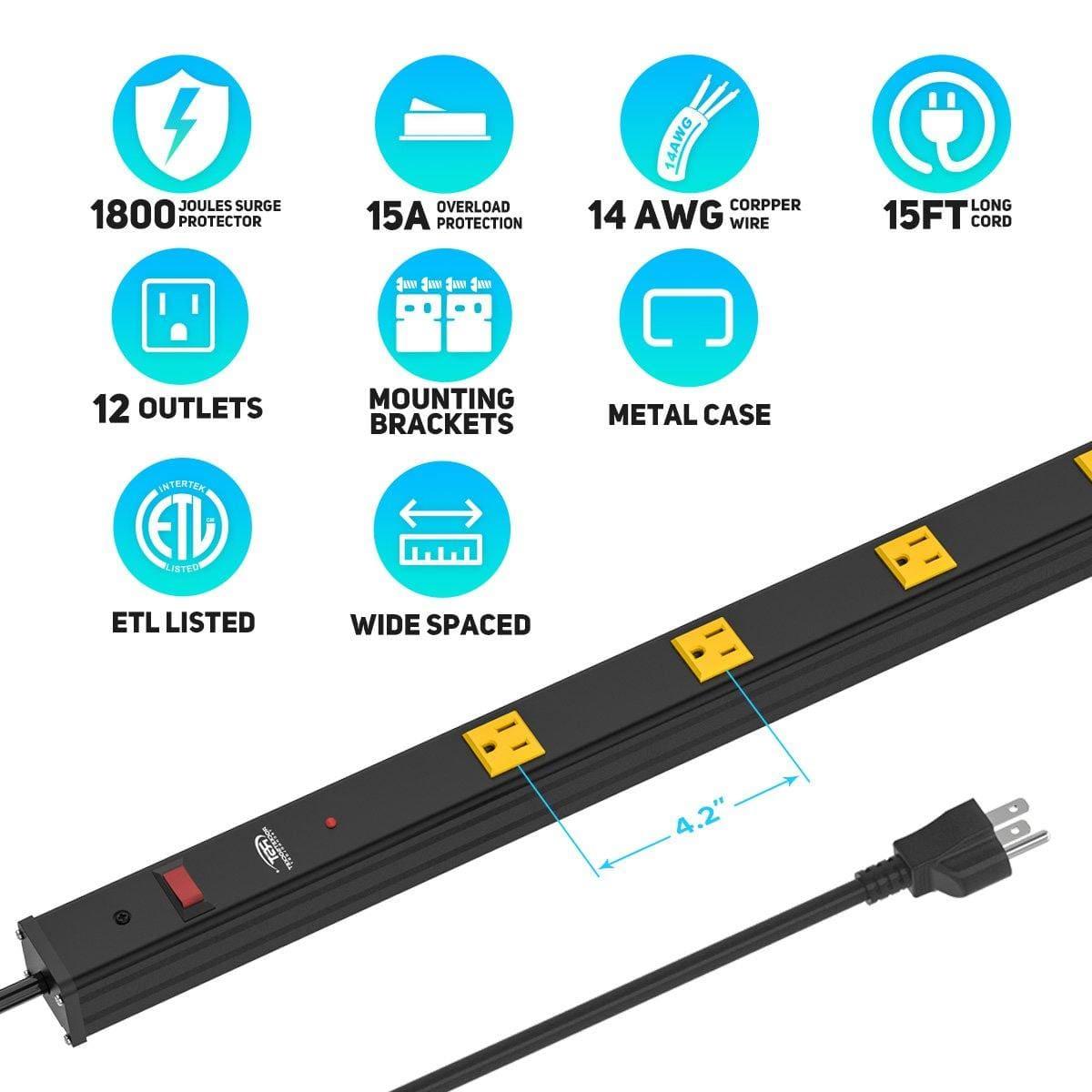 ROCKETSOCKETTECH power strip CRST 12-Outlets 15 ft. Heavy Duty Metal Wide Spaced Power Strip 15A