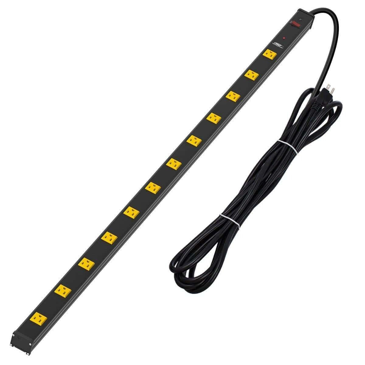 Wide spaced power strip: one row of yellow outlets down a slim black bar, red switch and LED, coiled cord and 3-prong plug.