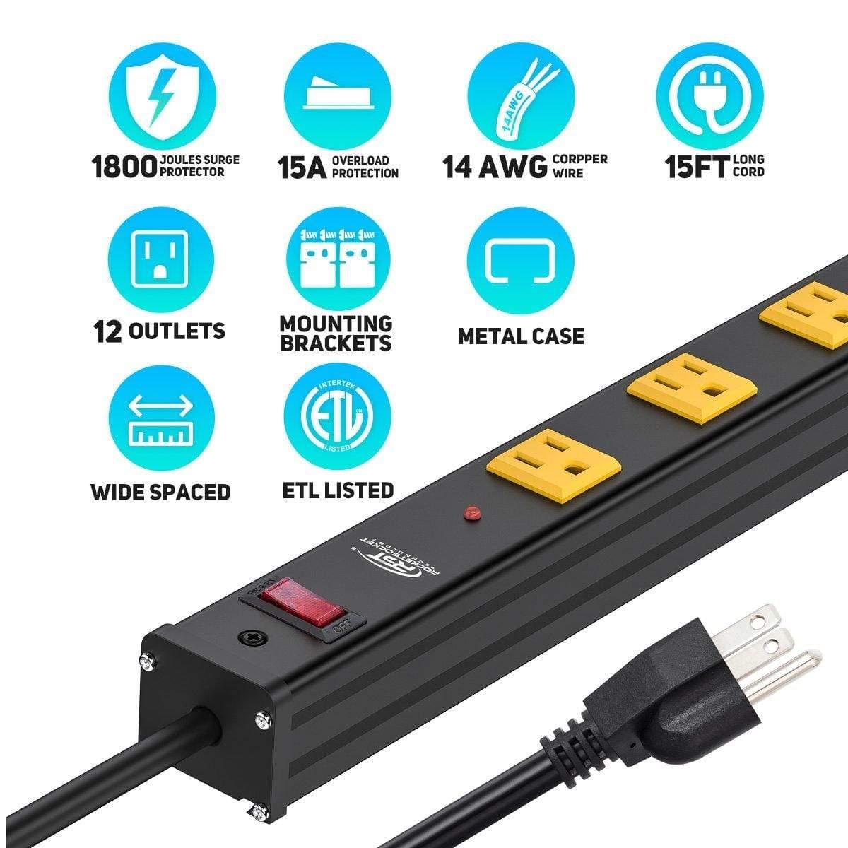 ROCKETSOCKETTECH power strip CRST 12-Outlets 15 ft. Heavy Duty Surge Protector Power Strip 15A