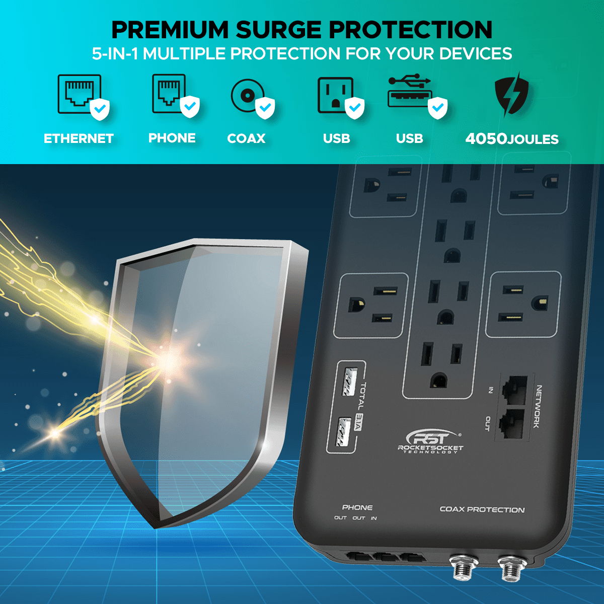 ROCKETSOCKETTECH power strip CRST 12-Outlets with USB(3.1A) 9 ft. Surge Protector Power Strip 15A