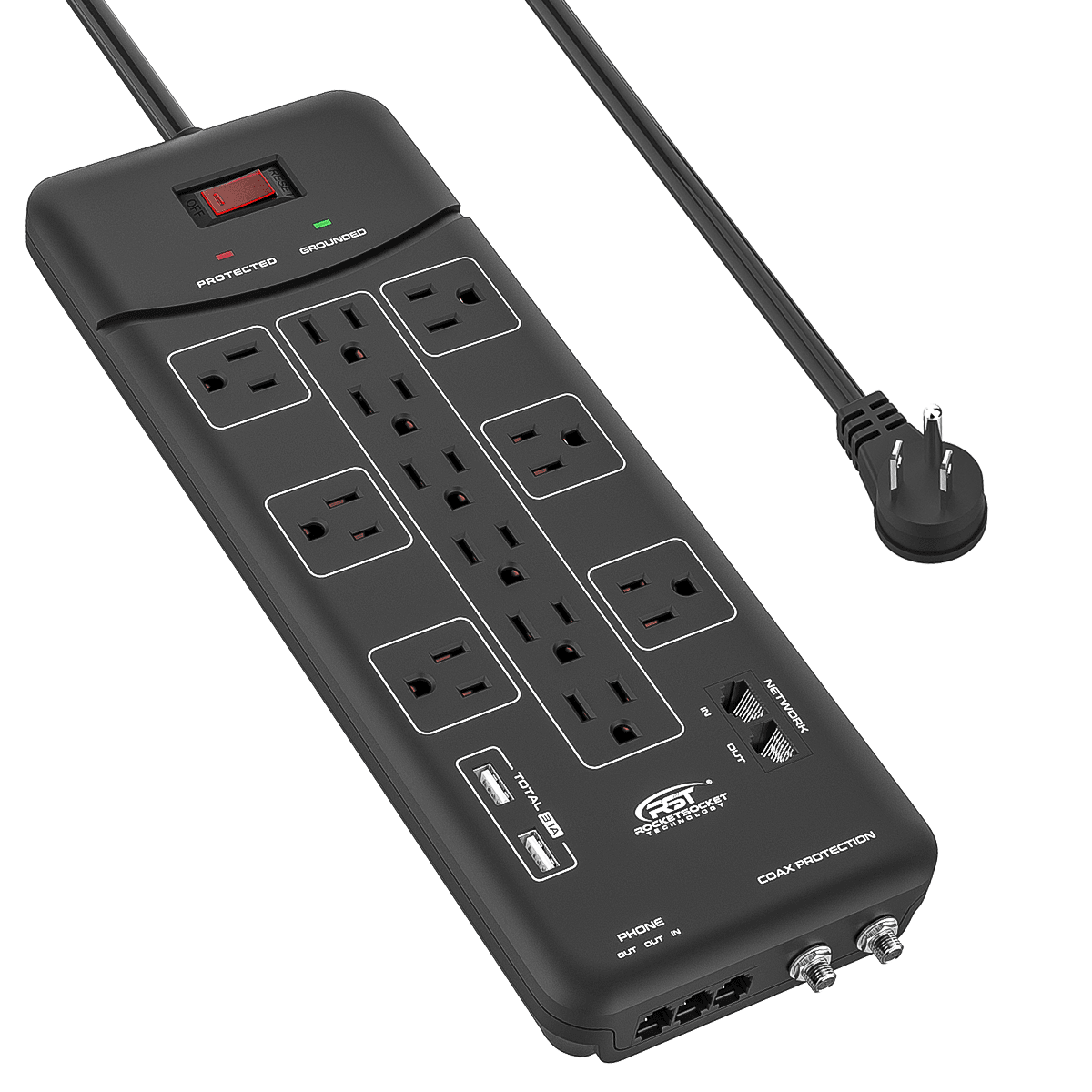 ROCKETSOCKETTECH power strip CRST 12-Outlets with USB(3.1A) 9 ft. Surge Protector Power Strip 15A