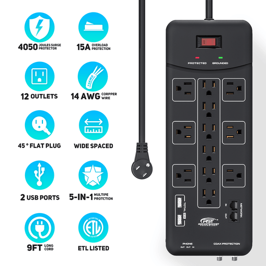ROCKETSOCKETTECH power strip CRST 12-Outlets with USB(3.1A) 9 ft. Surge Protector Power Strip 15A