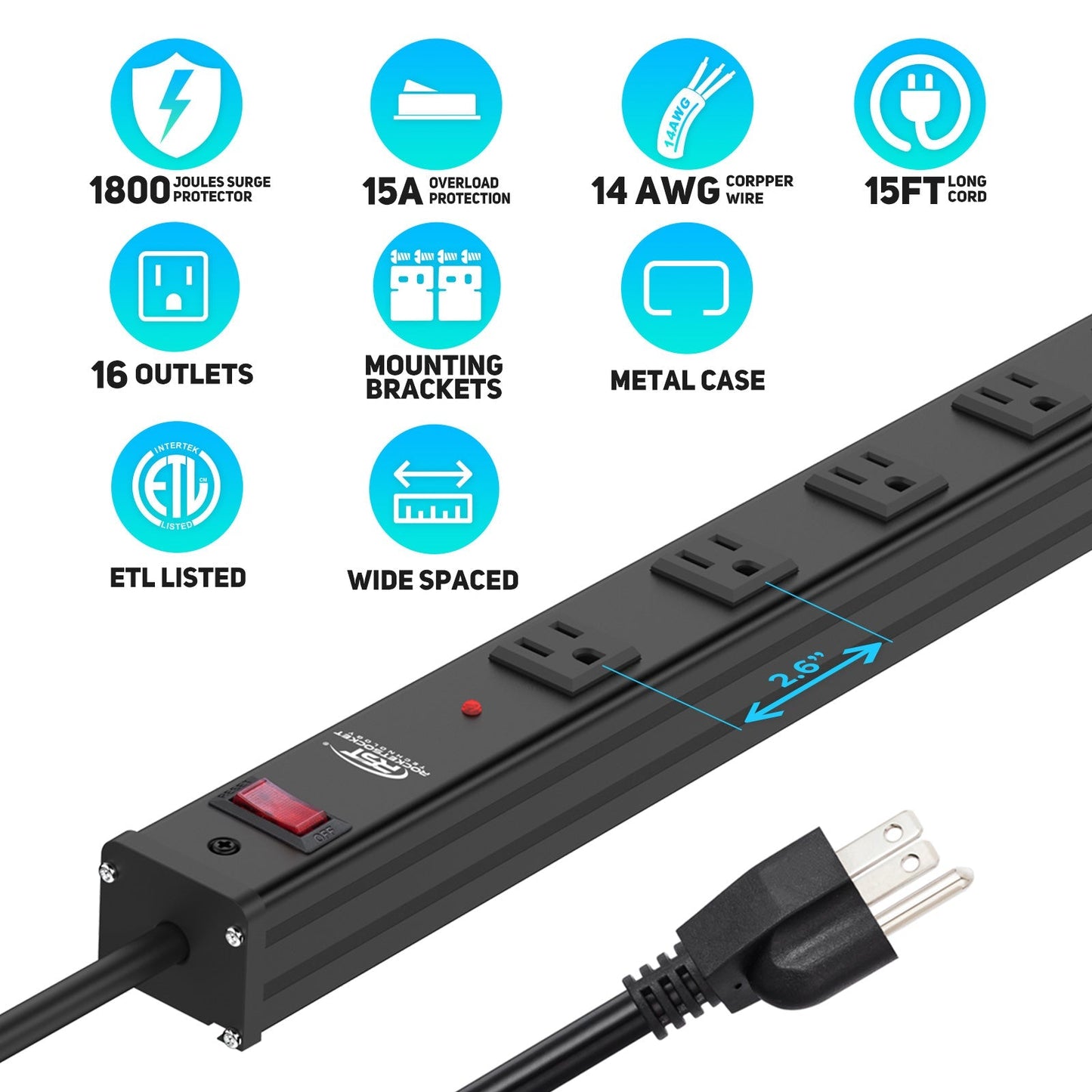 ROCKETSOCKETTECH power strip CRST 16-Outlets 15 ft. Heavy Duty Surge Protector Power Strip 15A