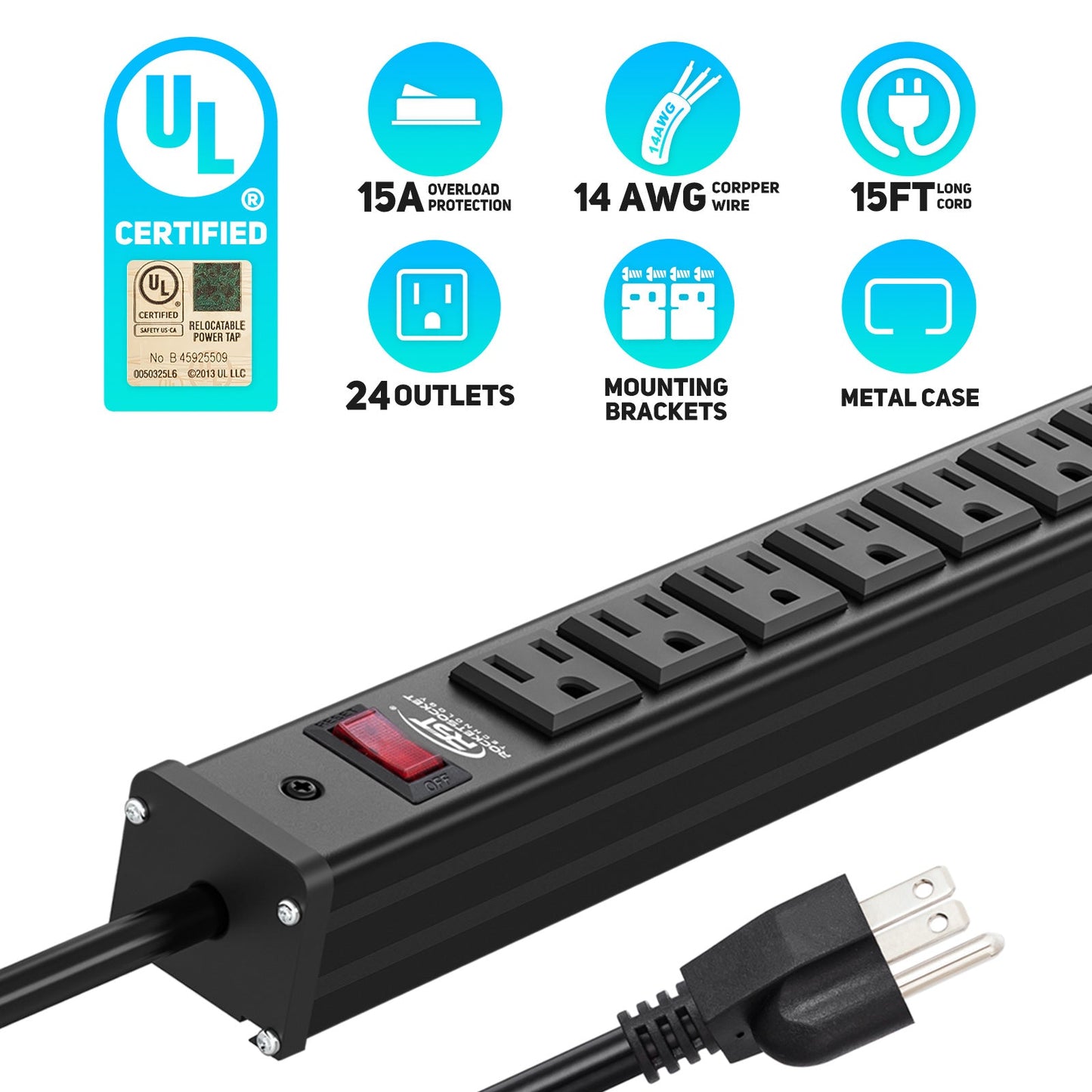 ROCKETSOCKETTECH power strip CRST 24-Outlets 15 ft. Heavy Duty Power Strip 15A