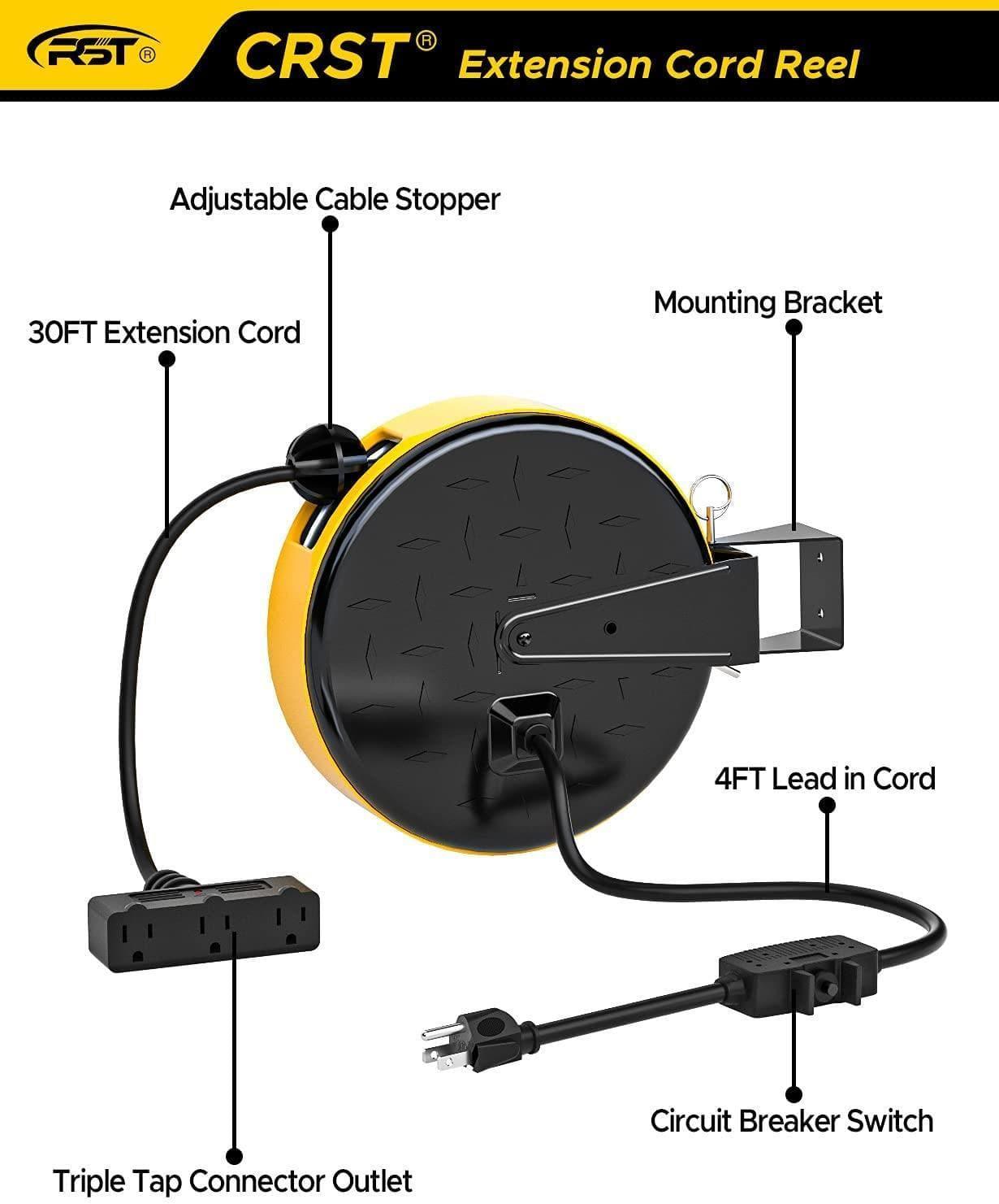 CRST 30ft Retractable Extension Cord Reel with UL Certified 16/3 SJTW Power Cord and 180 Adjustable Mounting Bracket, Size: 30ft Cord, Black