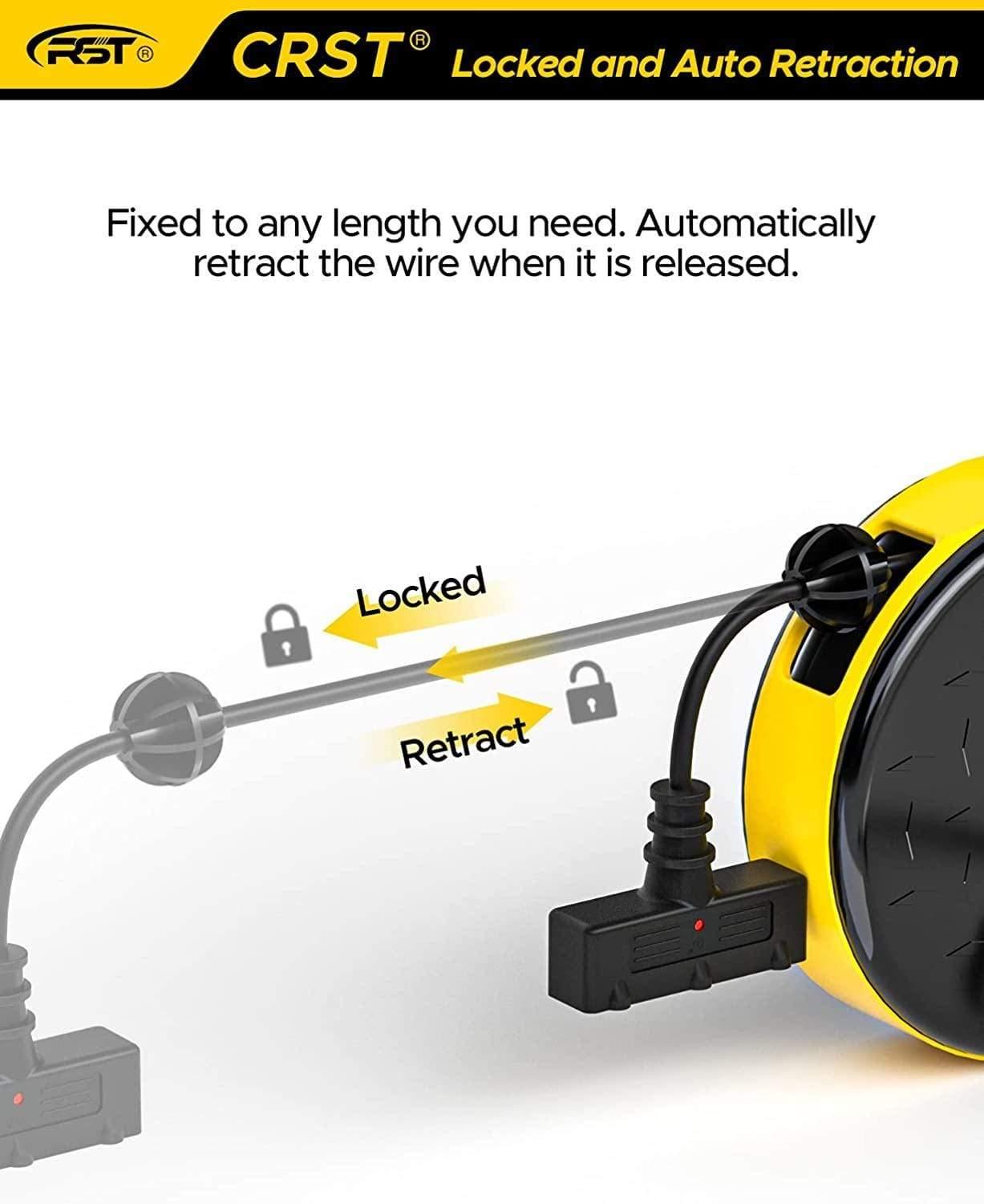 CRST 30ft Retractable Extension Cord Reel with UL Certified 16/3 SJTW Power Cord and 180 Adjustable Mounting Bracket, Size: 30ft Cord, Black