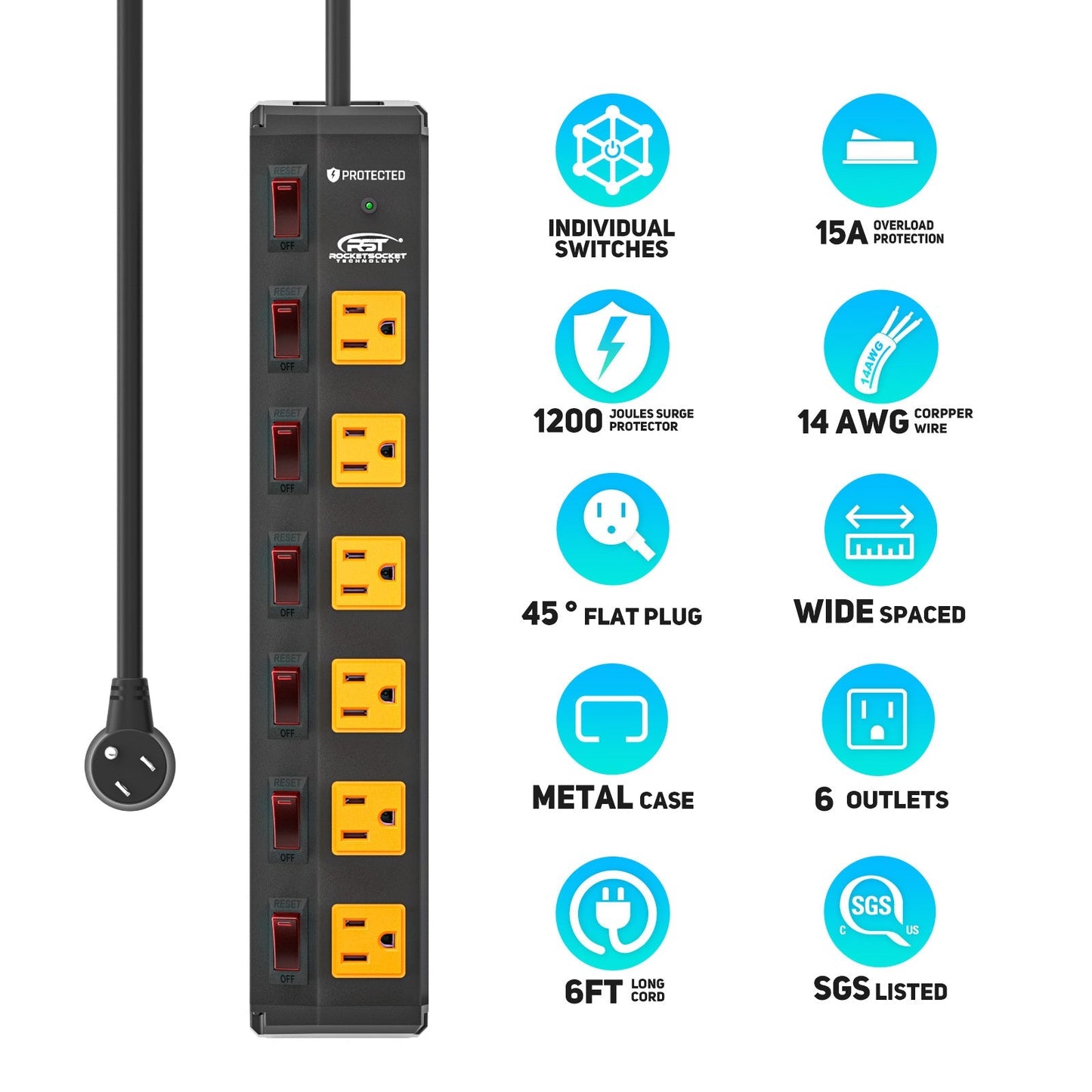 ROCKETSOCKETTECH power strip CRST 6-Outlets 6 ft. Heavy Duty Surge Protector Power Strip 15A