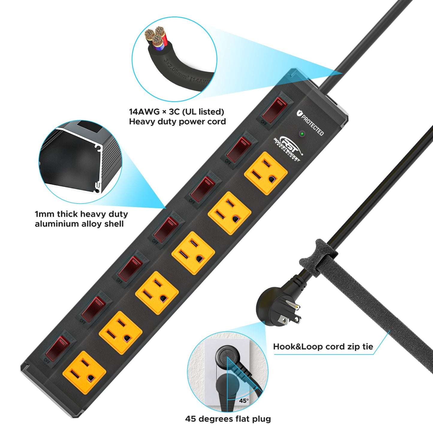 ROCKETSOCKETTECH power strip CRST 6-Outlets 6 ft. Heavy Duty Surge Protector Power Strip 15A