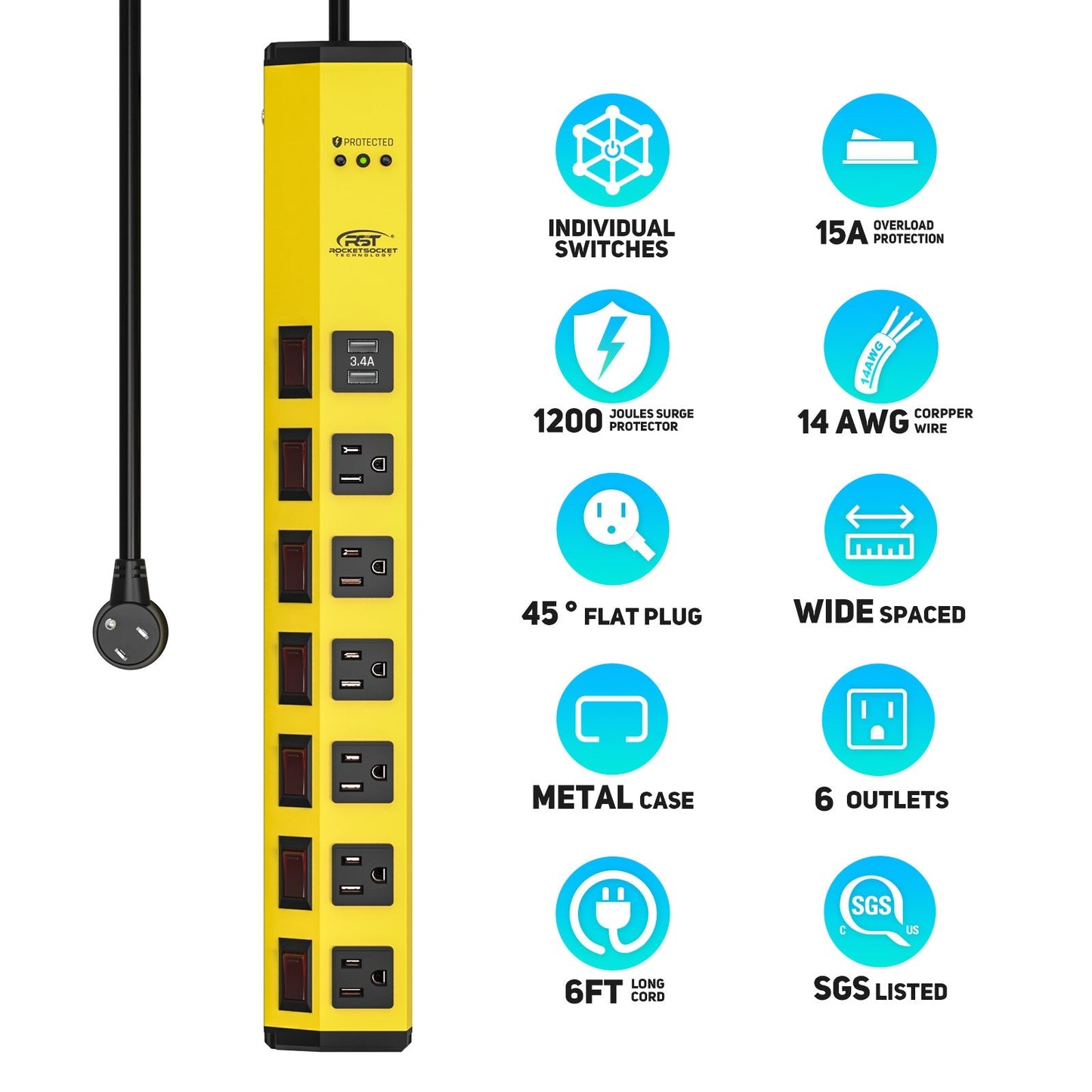 ROCKETSOCKETTECH power strip CRST 6-Outlets with USB(3.4A) 6 ft. Heavy Duty Surge Protector Power Strip 15A