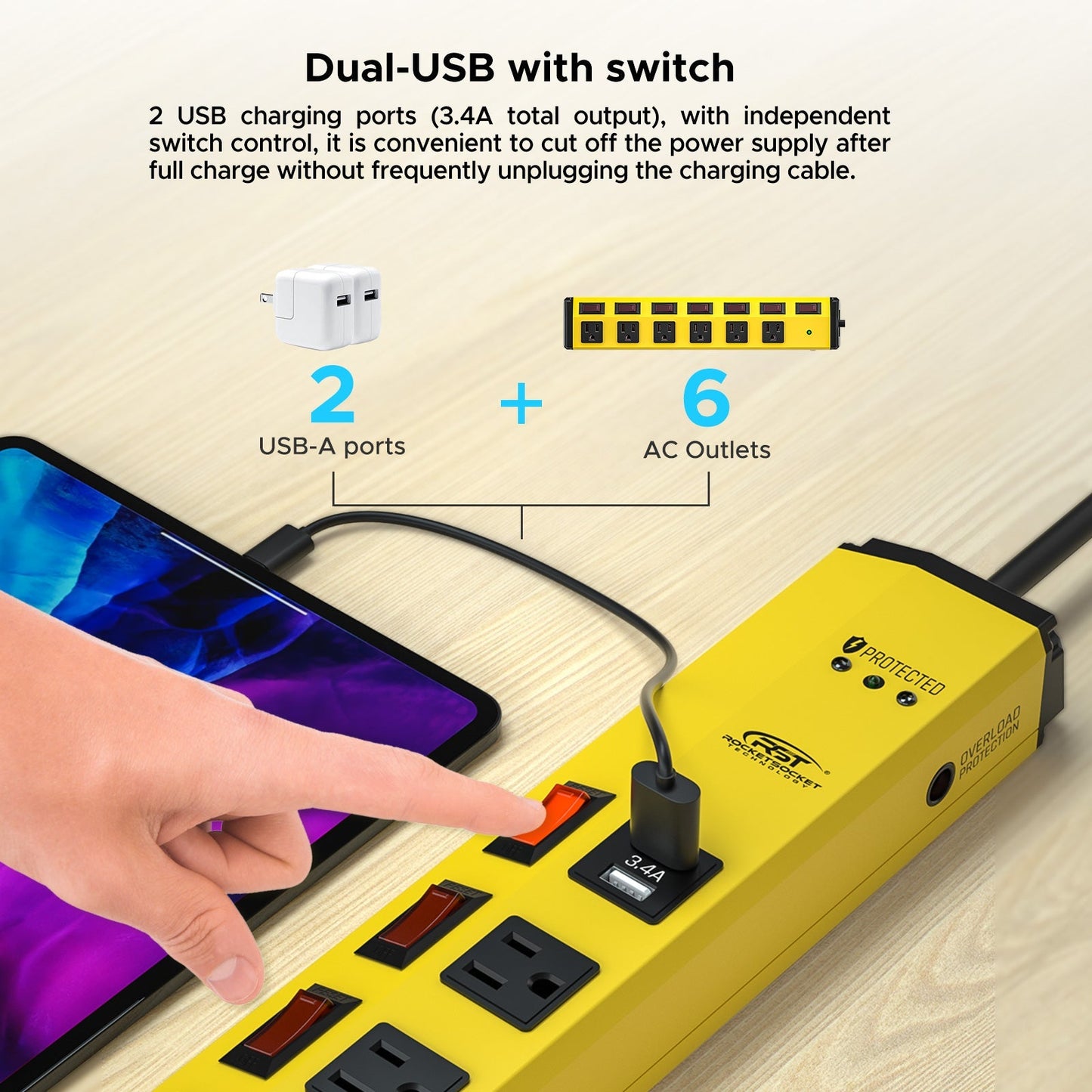 ROCKETSOCKETTECH power strip CRST 6-Outlets with USB(3.4A) 6 ft. Heavy Duty Surge Protector Power Strip 15A