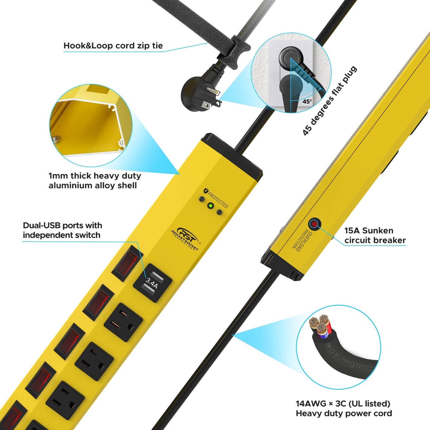 ROCKETSOCKETTECH power strip CRST 6-Outlets with USB(3.4A) 6 ft. Heavy Duty Surge Protector Power Strip 15A