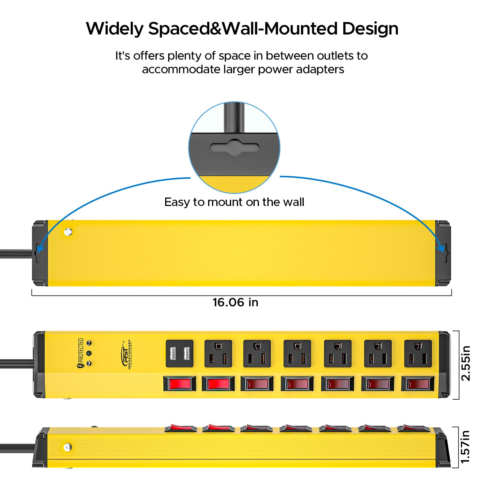 ROCKETSOCKETTECH power strip CRST 6-Outlets with USB(3.4A) 6 ft. Heavy Duty Surge Protector Power Strip 15A