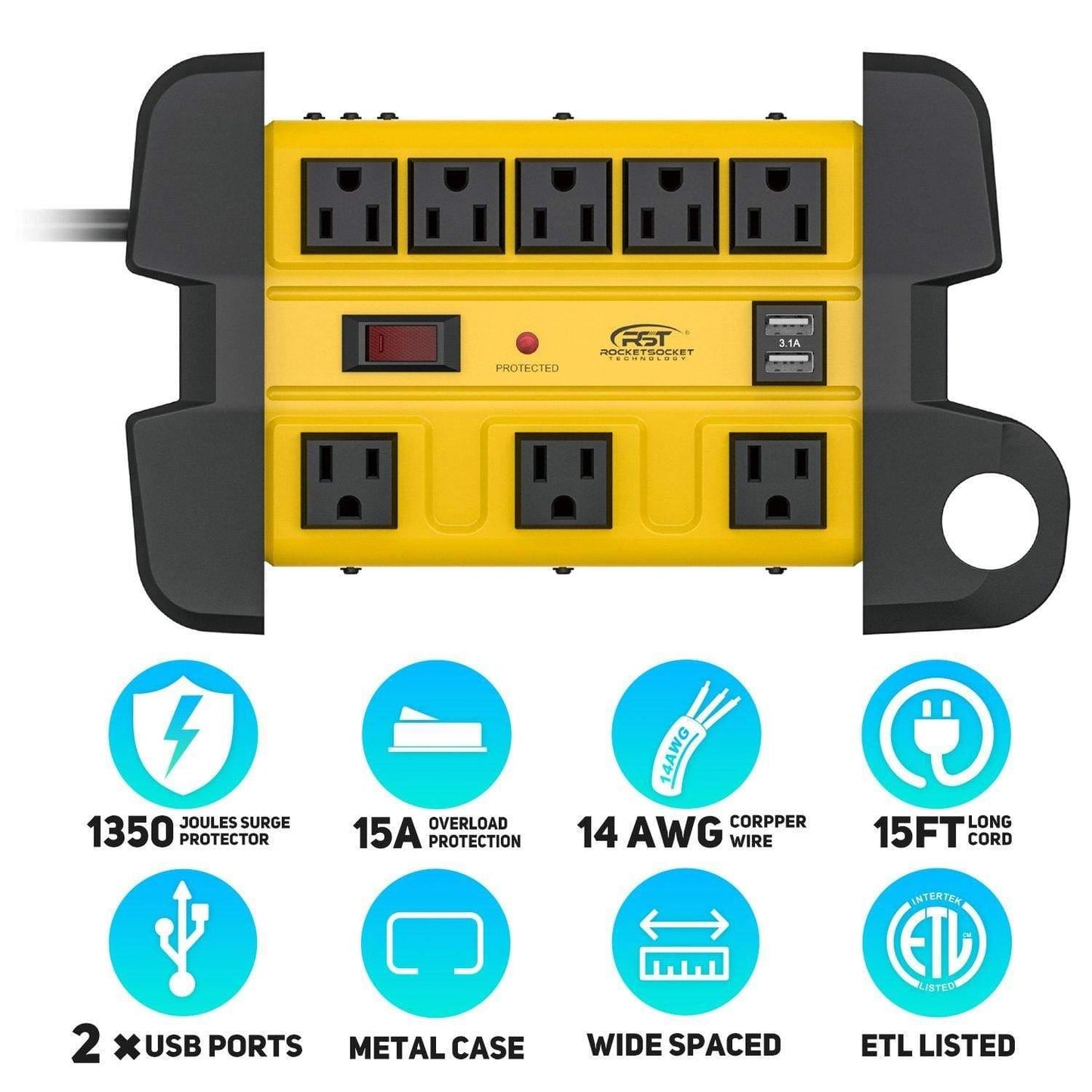 ROCKETSOCKETTECH power strip CRST 8-Outlets with USB(3.1A) 15 ft. Heavy Duty Power Strip Surge Protector 15A