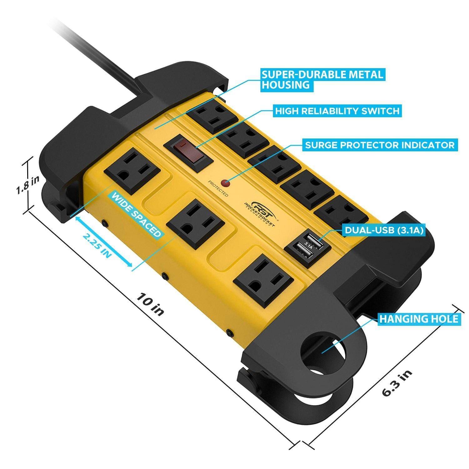 ROCKETSOCKETTECH power strip CRST 8-Outlets with USB(3.1A) 15 ft. Heavy Duty Power Strip Surge Protector 15A