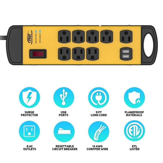 ROCKETSOCKETTECH power strip CRST 8-Outlets with USB(3.1A) 9 ft. Heavy Duty Surge Proector Metal Power Strip 15A